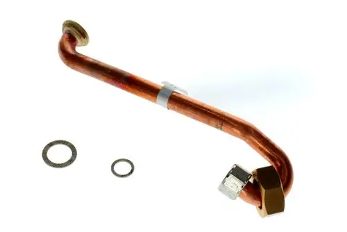 Kupfergasrohr von Bosch in gebogener Form, mit einer Mutter und zwei Dichtscheiben als Zubehör.
